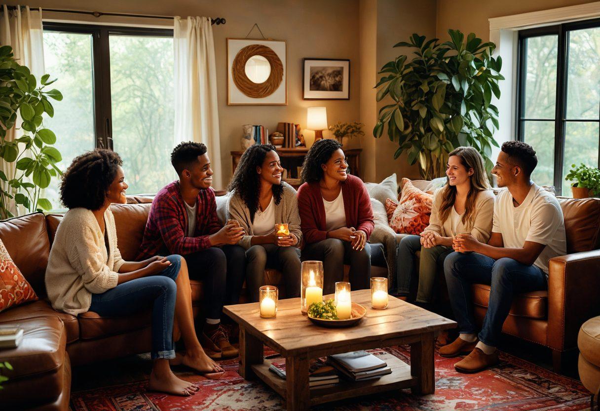 A diverse group of individuals in a cozy, warm-lit environment, sharing heartfelt conversations and laughter, surrounded by symbols of intimacy like intertwined hearts and gentle touches. Include elements that represent community, like sharing books or drinks, along with an inviting atmosphere, vibrant foliage, and soft textures. super-realistic. warm colors. cozy setting.