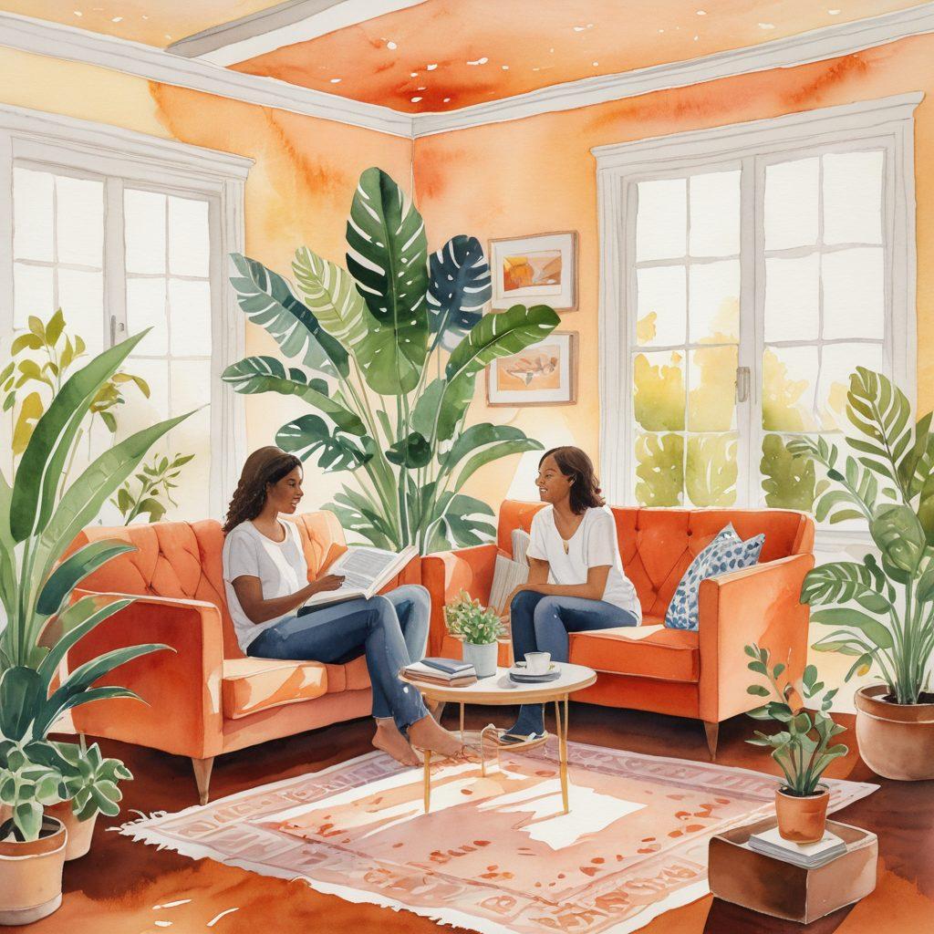 A warm, inviting space featuring two diverse individuals engaged in a heartfelt conversation about sexuality, surrounded by soft lighting, vibrant plants, and cozy furniture. Include elements like books on sexuality and empowerment in the background, symbolizing resources for learning. The expression of comfort, trust, and openness is essential to create an intimate atmosphere. watercolor painting. warm color palette.