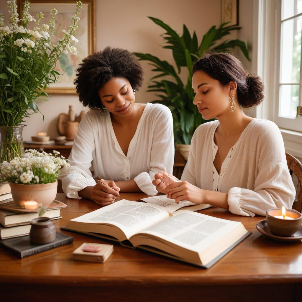 A serene, intimate setting featuring two diverse individuals connecting gently, surrounded by symbols of love and wellness like hearts and plants. Soft, warm lighting creates a calming atmosphere, highlighting their emotional bond. Incorporate elements of personal growth, like blossoming flowers and open books on a table. Emphasize a sense of comfort and understanding in their expressions. painting. soft colors. cozy background.
